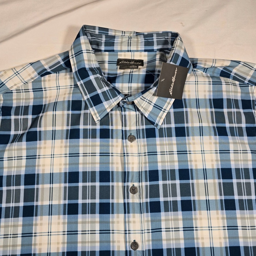 Eddie Bauer Mens 2XL Blue Plaid Short Sleeve Stretch Button Up Shirt Outdoor